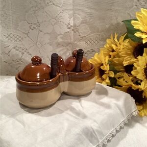 Vintage Condiment Relish Double Dish Bowl w Handle Brown Stoneware Pottery
